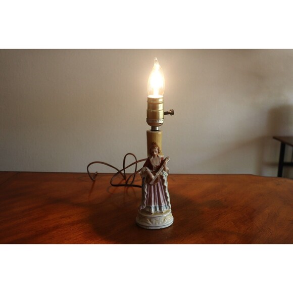 Vintage Boudoir Lamp Porcelain Victorian Colonial Lady Playing Instrument 10" - Picture 1 of 12